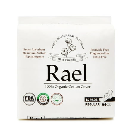 Organic Pods - (2 Pack) Rael 100% Organic Cotton Pads with Wings, Regular Absorbency, 14 Count