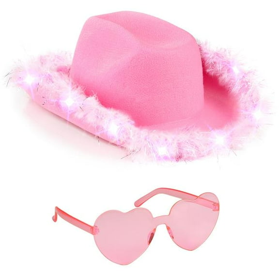 Funcredible Pink_LU_Cowgirl_Hat Funcredible Pink Light Up Cowboy Hat and Glasses - Sequin Cowgirl Hat - Sparkly Led Cowgirl Hat for Women - Cowgirl Costume Accessories