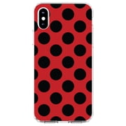 DistinctInk Clear Shockproof Hybrid Case for iPhone XS Max (6.5" Screen) - TPU Bumper, Acrylic Back, Tempered Glass Screen Protector - Black & Red Polka Dots