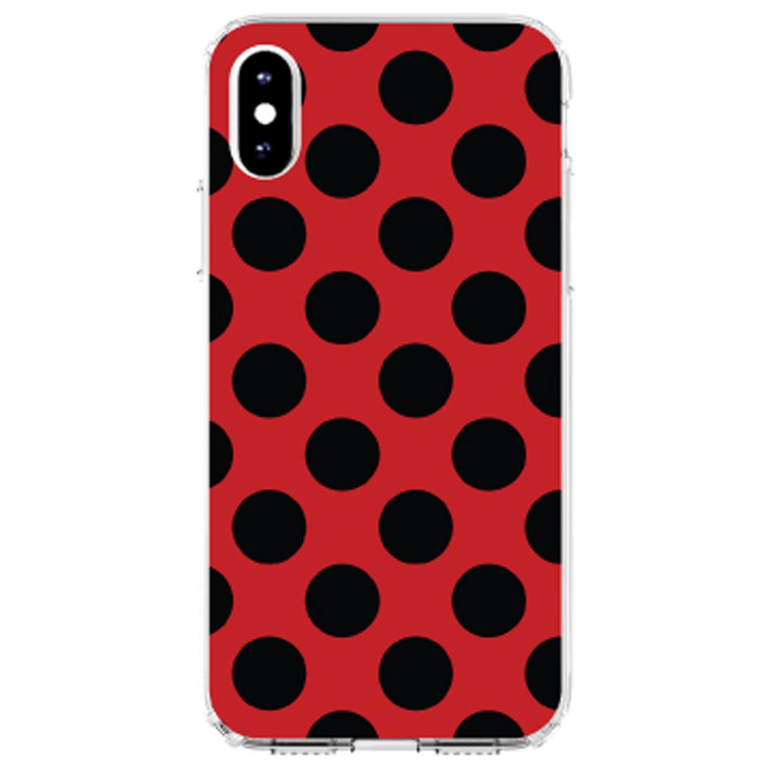 DistinctInk Clear Shockproof Hybrid Case for iPhone XS Max (6.5" Screen) - TPU Bumper, Acrylic Back, Tempered Glass Screen Protector - Black & Red Polka Dots