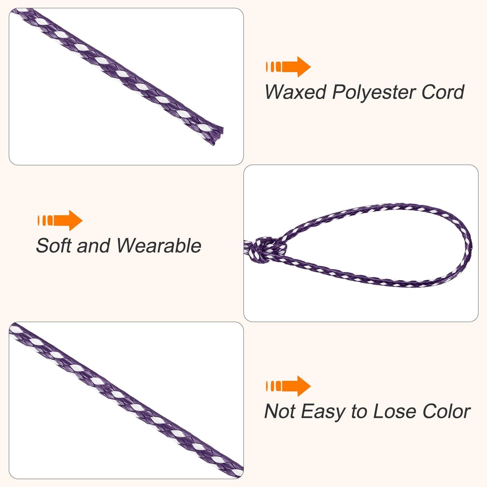 Waxed Cord 2mm Waxed Thread 87 Yard Wax String Leather Cord for Bracelet Making, Necklaces, Beading, Jewelry Making and DIY Crafts(Dark Purple/White)