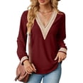 thumbnail image 2 of SHIBEVER Women Tops Fall Casual Long Sleeve Loose Fit Tunic Tops V Neck Lace Blouses Comfy Trendy Soild Color Winered Tshirts Size S, 2 of 5