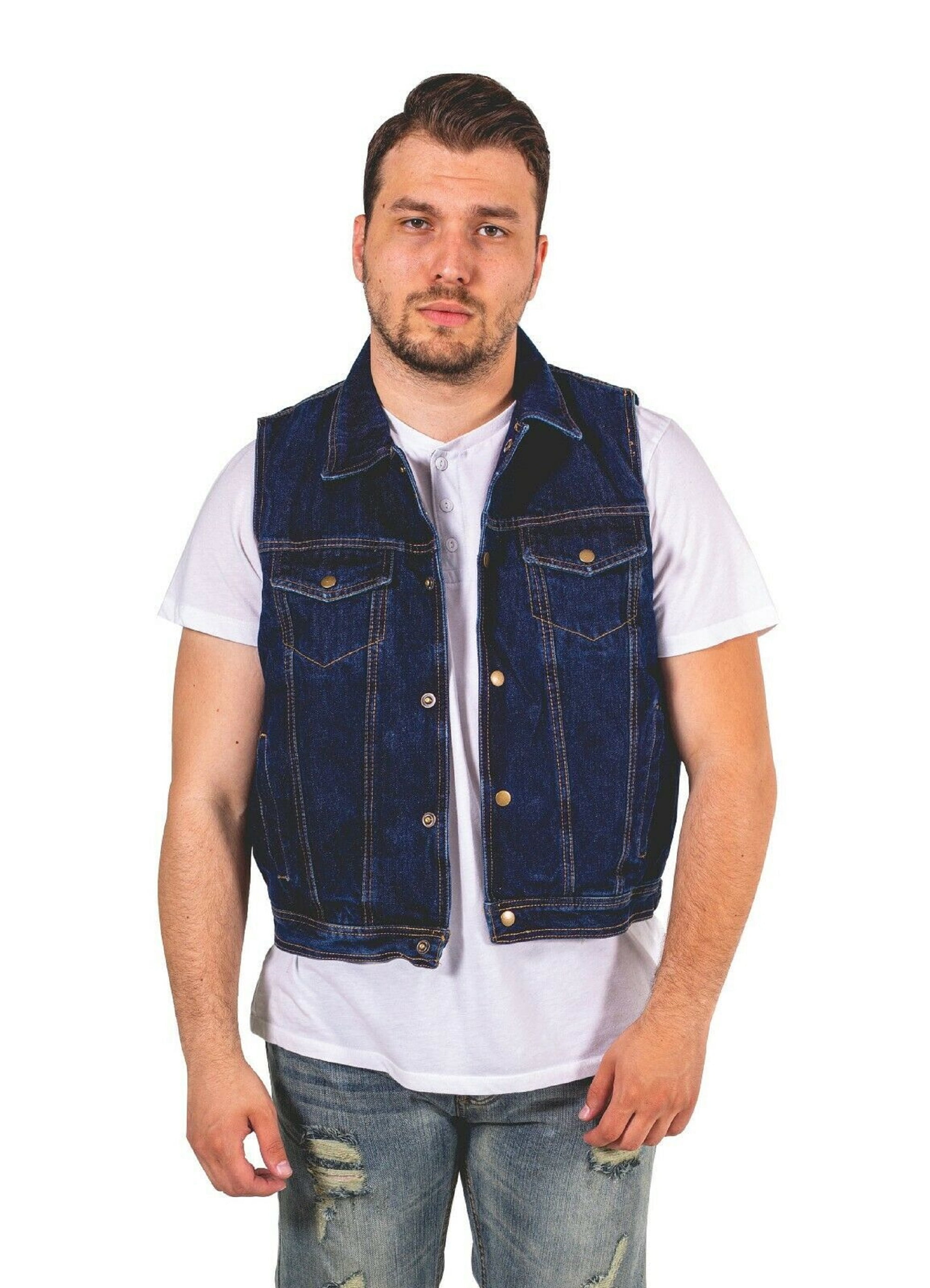 Men's SOA Style Collarles Denim Club Vest Black w/ Gun Pocket,Snap/ Zipper Front
