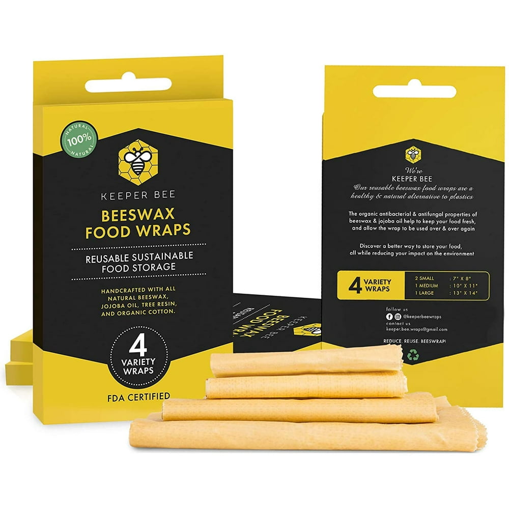 Beeswax Food Wraps 4 Pack by Keeper Bee, All Natural, Organic, Eco