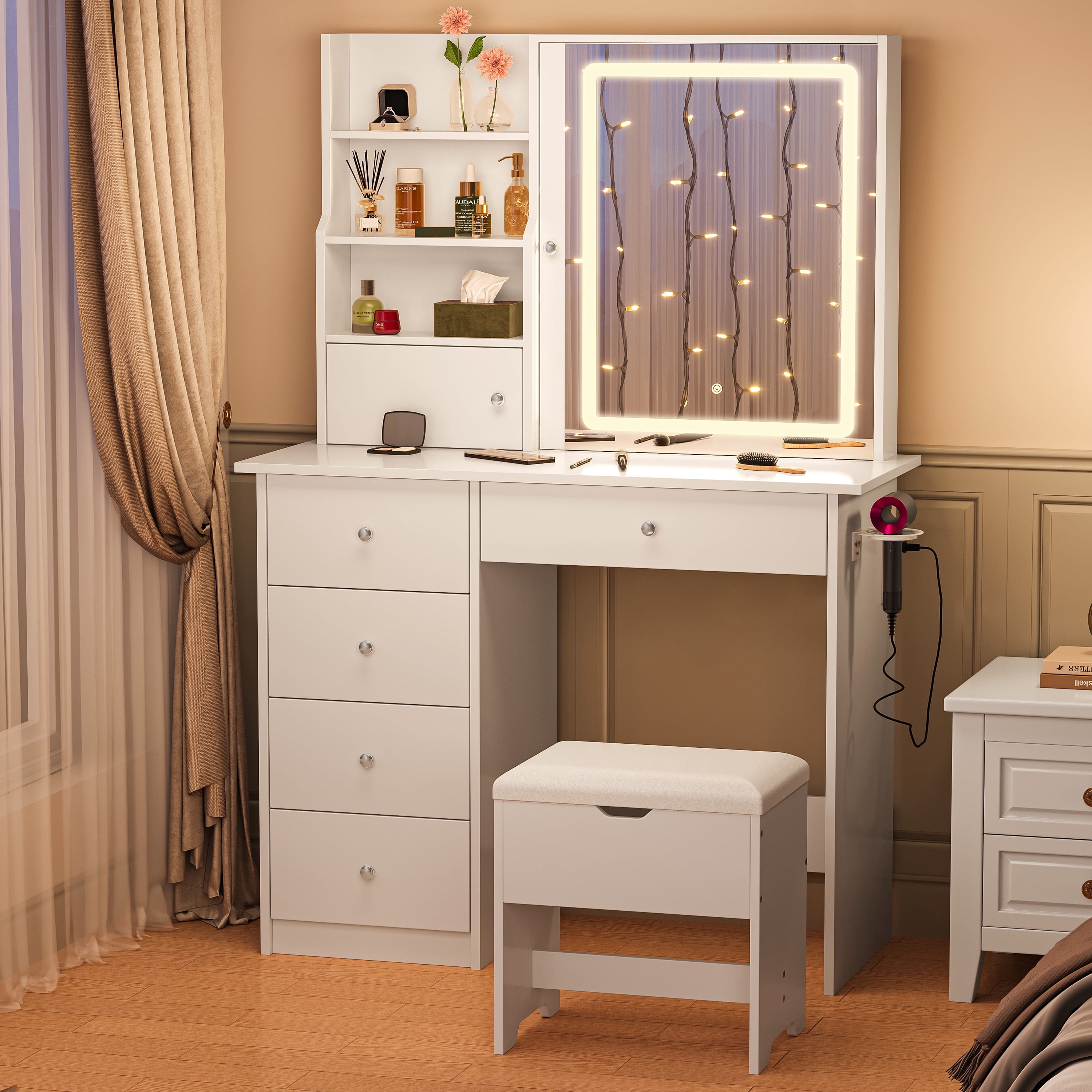 Paproos Vanity Set with Mirror and Stool, Wood Women Girls Makeup Vanity Desk with Charging Station, 3 Color LED Lights, Modern Dressing Table with Drawers, Storage Shelves, Hair Dryer Rack, White