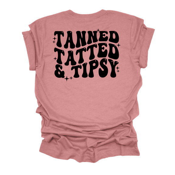 Womens Cute Funny Tanned Tatted & Tipsy Groovy Design Ladies Short Sleeve T-Shirt-Heather Mauve-XX-Large