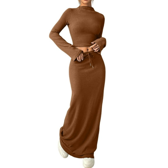 Womens Fashion Casual Two Piece Outfits Autumn Solid Color Blouse And Skirt Set