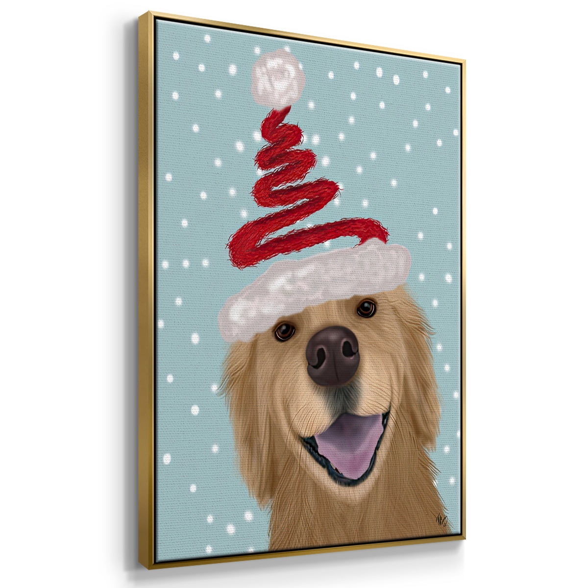 Christmas Golden Retriever and Spring Santa Hat - Framed Gallery Wrapped Holiday Canvas - 27 x 41 - Gold Frame