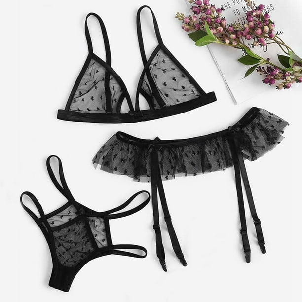 Lingerie For Women New Women Plus Size Lace Lingerie Bra+Thong+Garter Underwear  Set Black Sleepwear Underwear Women 