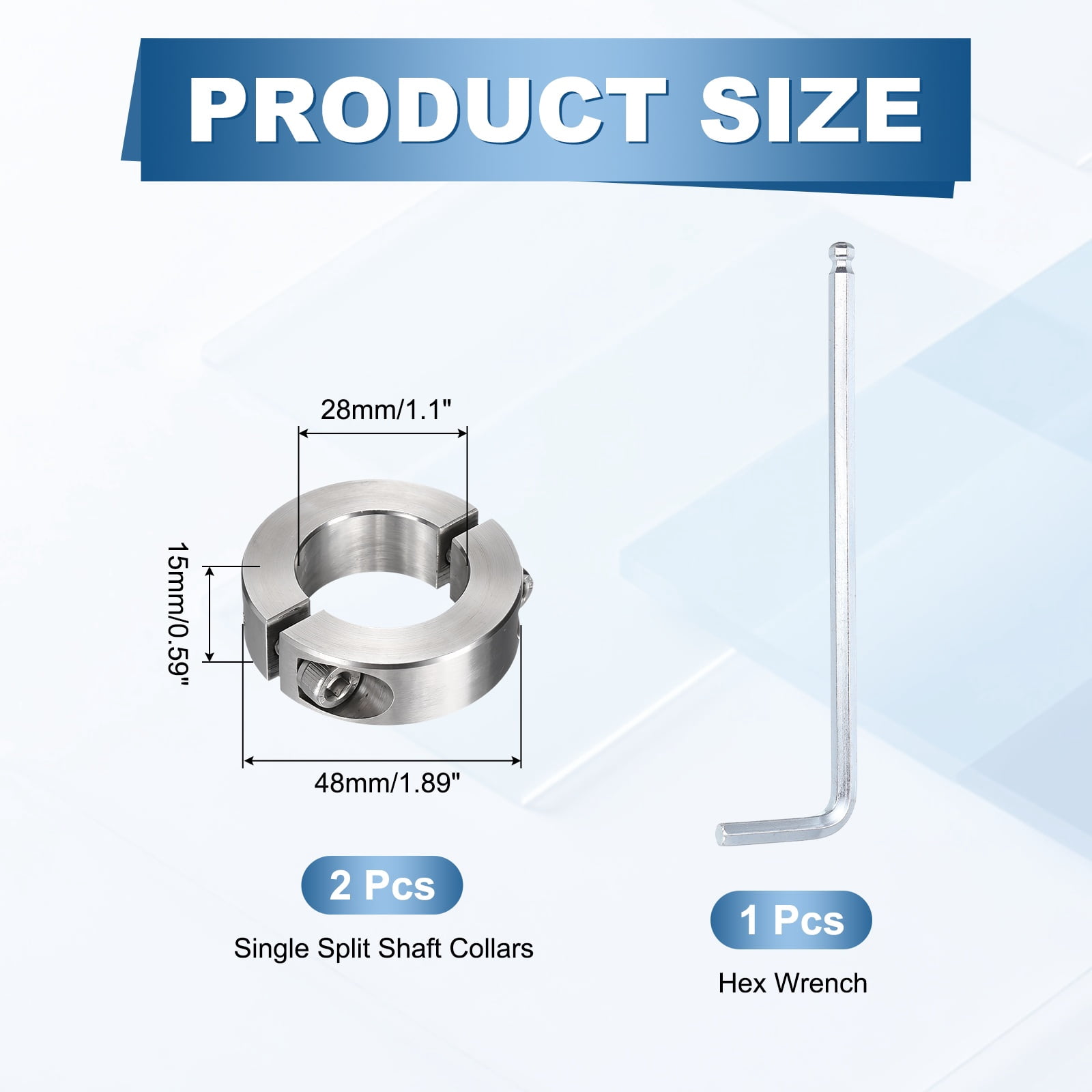 Uxcell 2Pcs Double Split Shaft Collars, 28mm Bore 304 Stainless Steel One-Piece Clamping Collar 48mm OD 15mm Thick Locking Clamp with Set Screw for Industry Machine Tools, Silver
