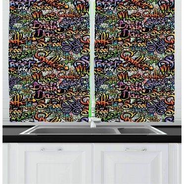 Ambesonne Hip Hop Kitchen Curtains, Ghetto Grafitti Spray, 55"x39", Multicolor