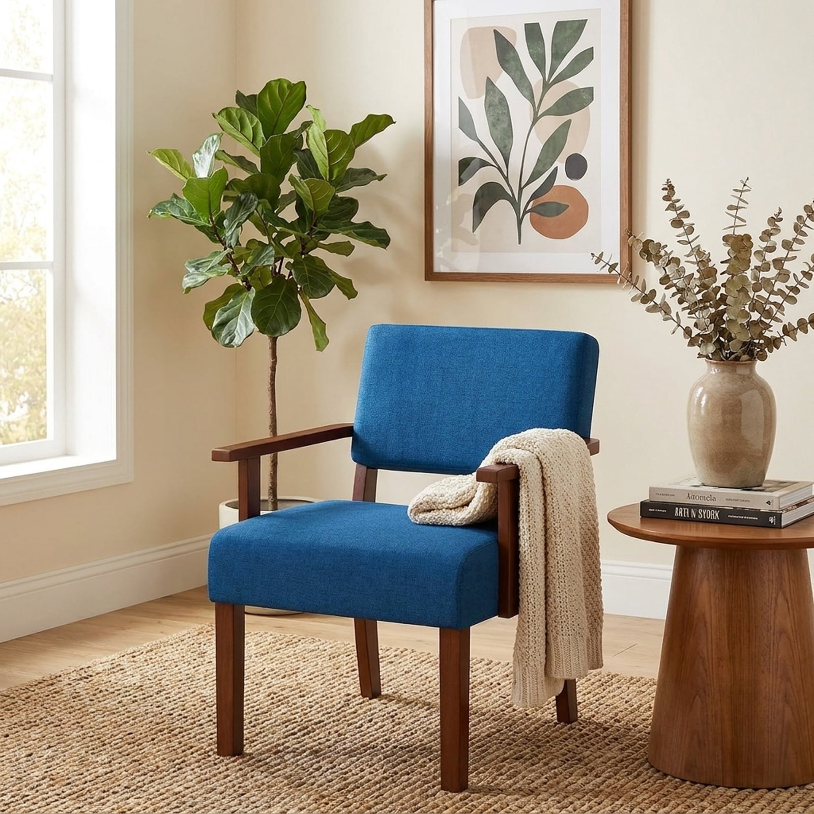 Furnibear Linen Accent Chair with Soft Padded Seat Ergonomic Backrest and Solid Rubber Wood Frame for Living Room and Bedroom, Blue