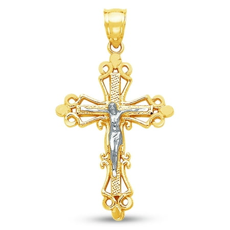 Ornate Crucifix - 14K Two 2 Tone Rose and Yellow Gold Milgrain Ornate Religious Catholic Gothic Crucifix Cross Pendant Charm (28x20 mm)