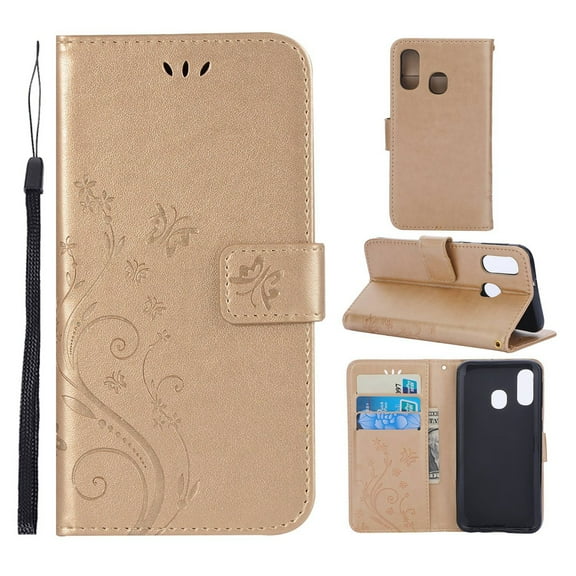 Samsung Galaxy A40 Wallet Case, Dteck Embossed Flower PU Leather Magnetic Flip Stand Case Cover [Built-in Card Slots][w/ Hand Strap] For Samsung Galaxy A40, Gold