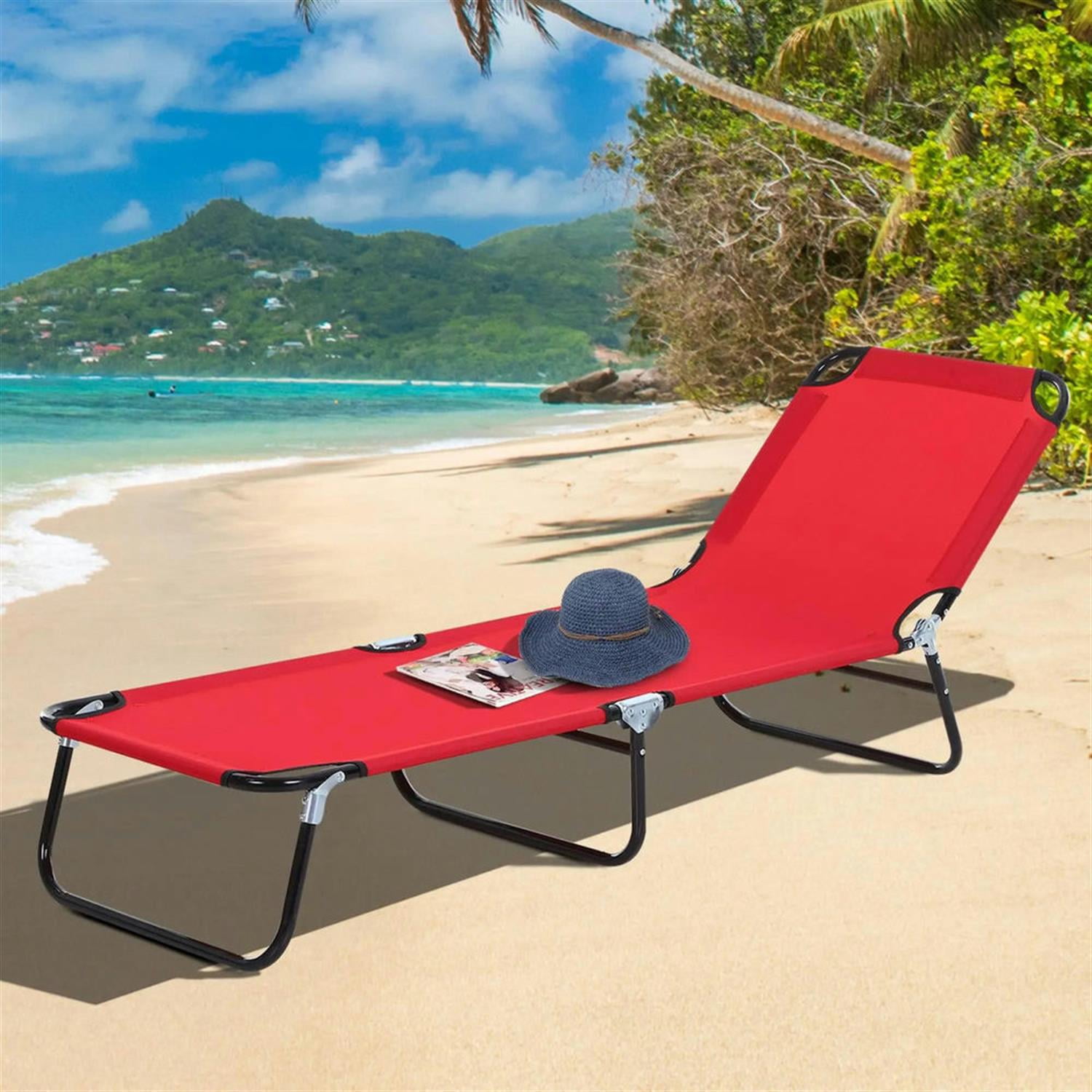 Demi Bonn Folding Chaise Lounge Beach Chairs with Steel Frame, 5-Position Reclining Outdoor Sun Tanning Seats for Yard & Patio, Red