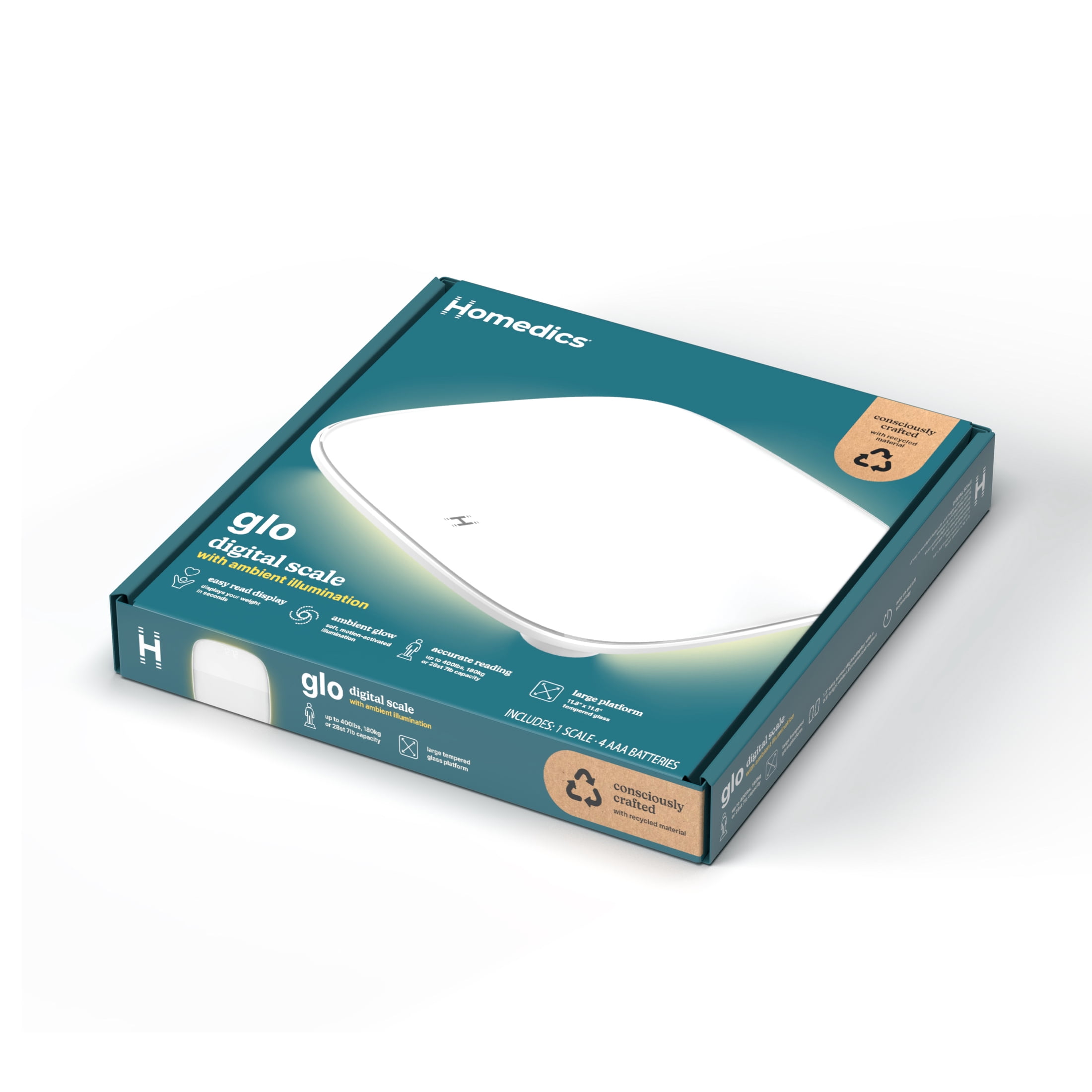 Homedics Essential Glo, Digital Bathroom Scale, Motion-Sensing Ambient Center Illumination, Sleek Tempered Glass, High-Precision Weight Measurement Up to 400 lbs, Sustainable Design, White