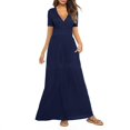 thumbnail image 1 of Nouvelle Robe Maxi à Manches Courtes Col en V Couleur Unie pour Femmes, 1 of 4