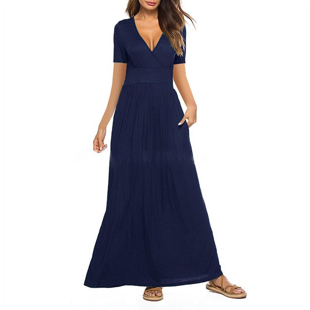 Nouvelle Robe Maxi à Manches Courtes Col en V Couleur Unie pour Femmes
