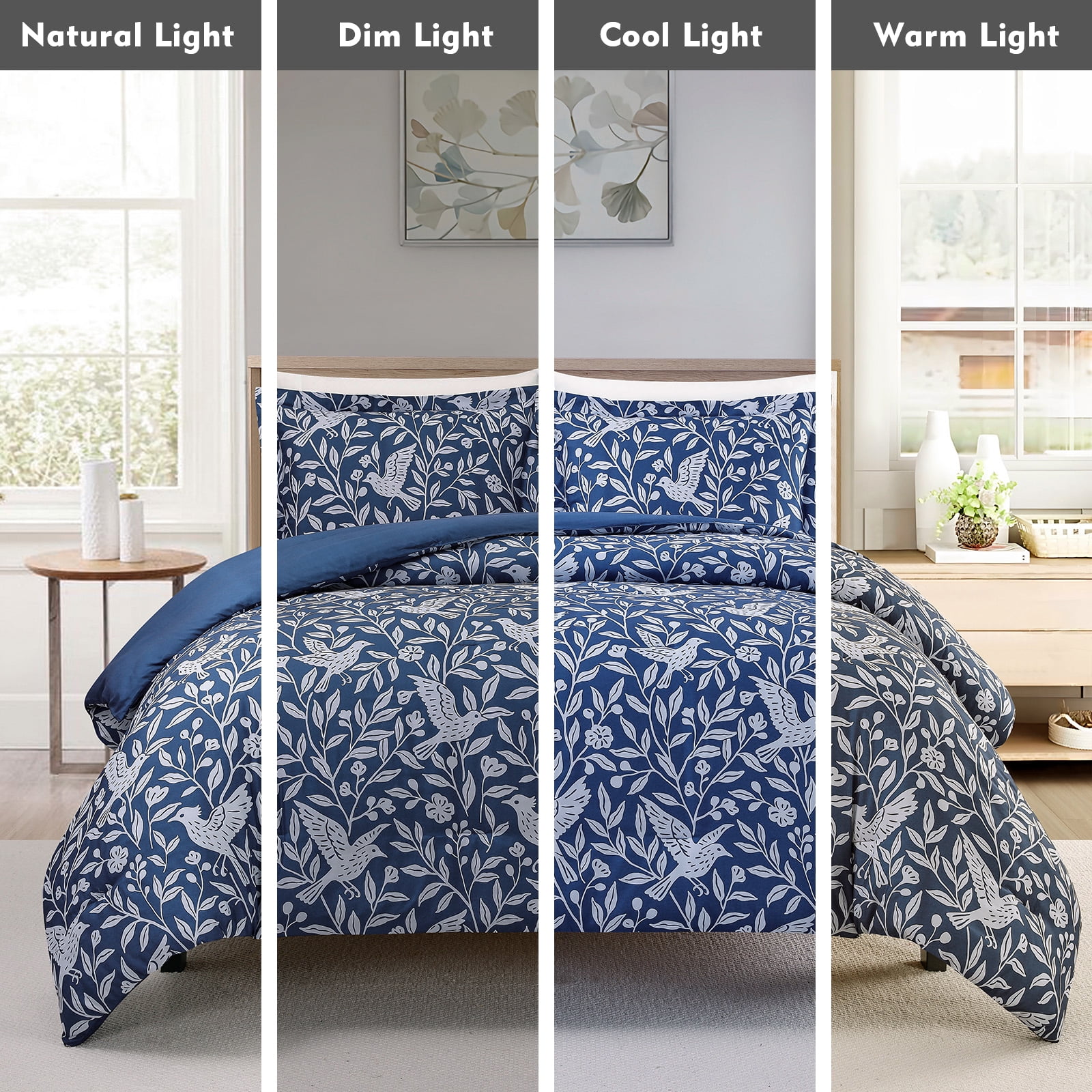 Notticasa 3-Piece Printed Comforter Sets,Navy,Queen,Features a Floral and Peacebird Design, Including a Quilt Cover and Pillowcases