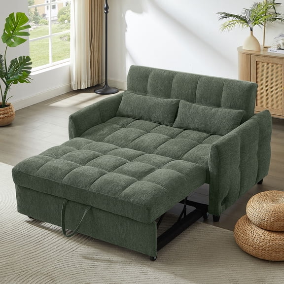 Full Size Rustic Sofas, 52.8" Loveseat Sofa Pull-out Sofa Bed Tufted Sleeper Sofa with an Adjustable Backrest, Three USB Ports and Two Lumbar Pillows for Living Room, Green, Green Modern Sofas