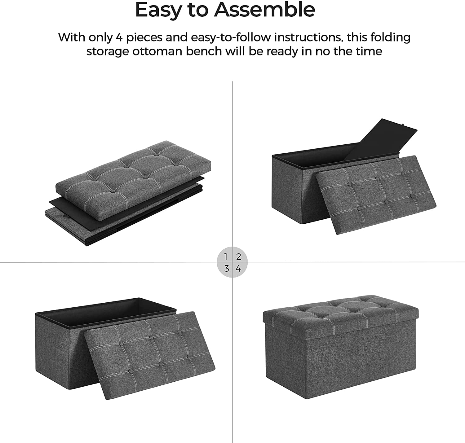 SONGMICS 30" Ottoman Footstool Storage Ottoman Bench Holds 660 lb Folding Ottoman with Storage for Living Room Dark Gray