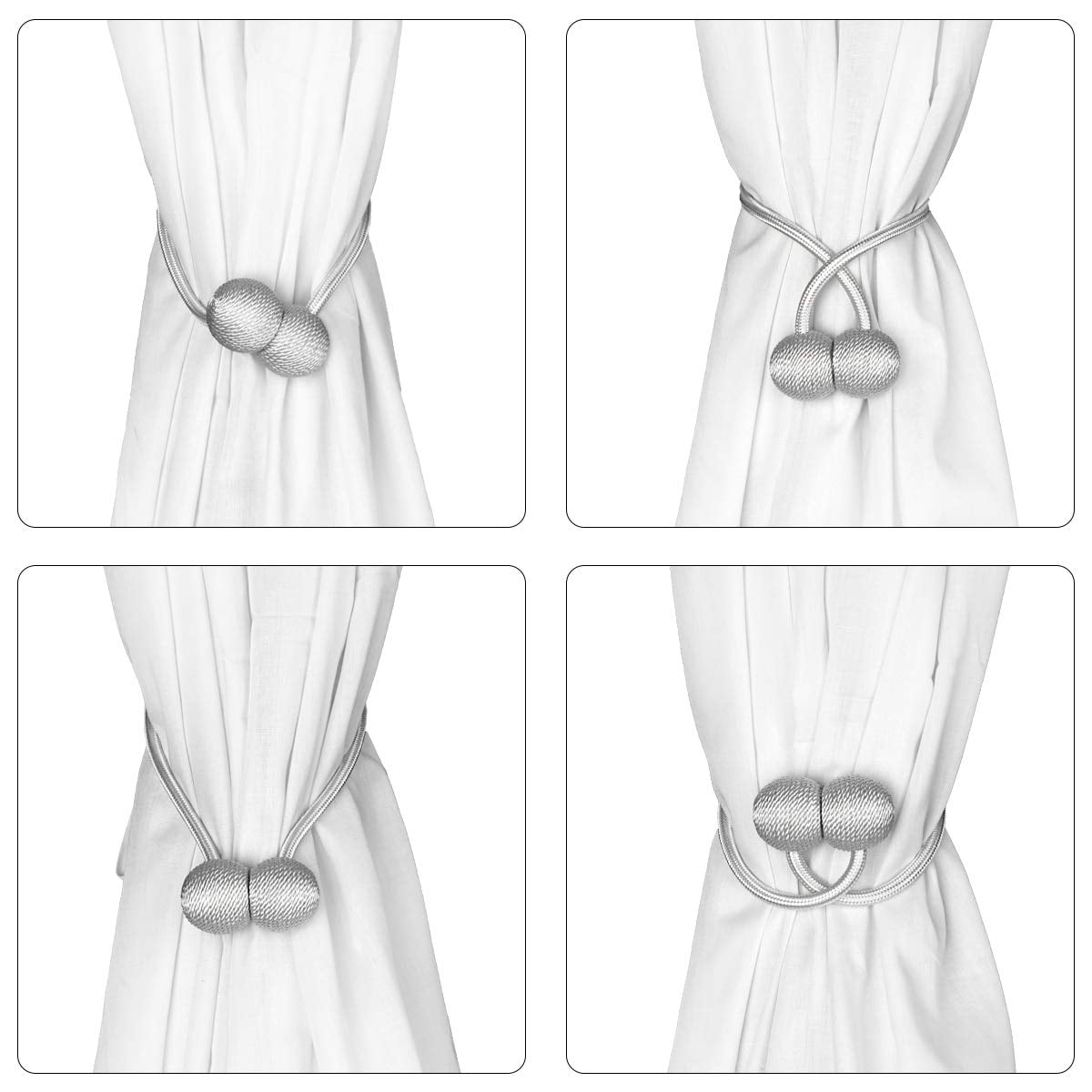 Silver Crystal IAGORYUE Curtain Tie backs 2 Pcs Metal TieBacks with Classy Small Pearl Elastic Rope Curtains Hold Holdbacks for Home Office Hotel Window Drape Deco No-Install/Drill/Hooks/Magnetic 