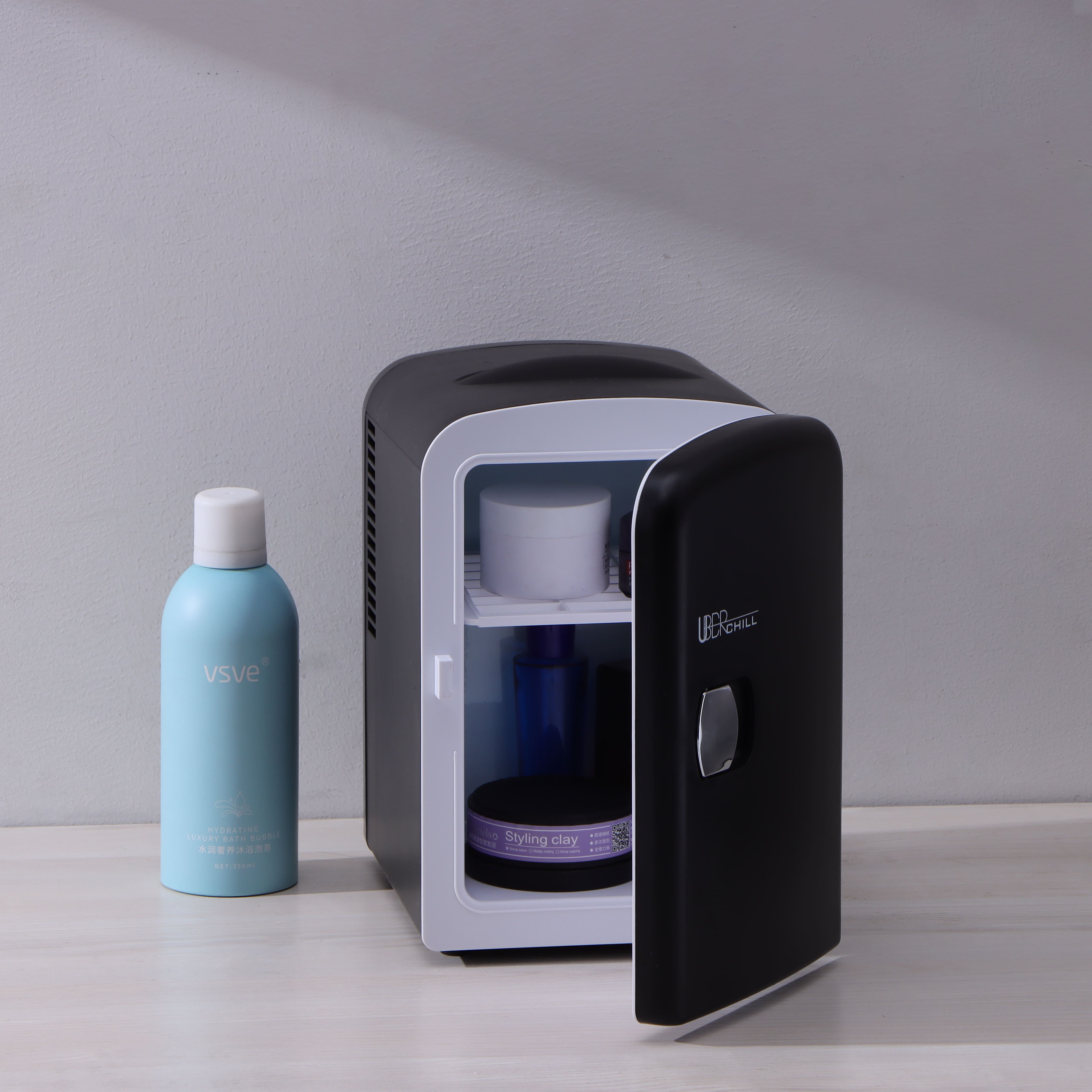 Uber Appliance Uber Chill Mini Fridge 6-can Portable Mini Fridge for Dorm, Bedroom or Office - Thermoelectric (Blackout Matte Black)