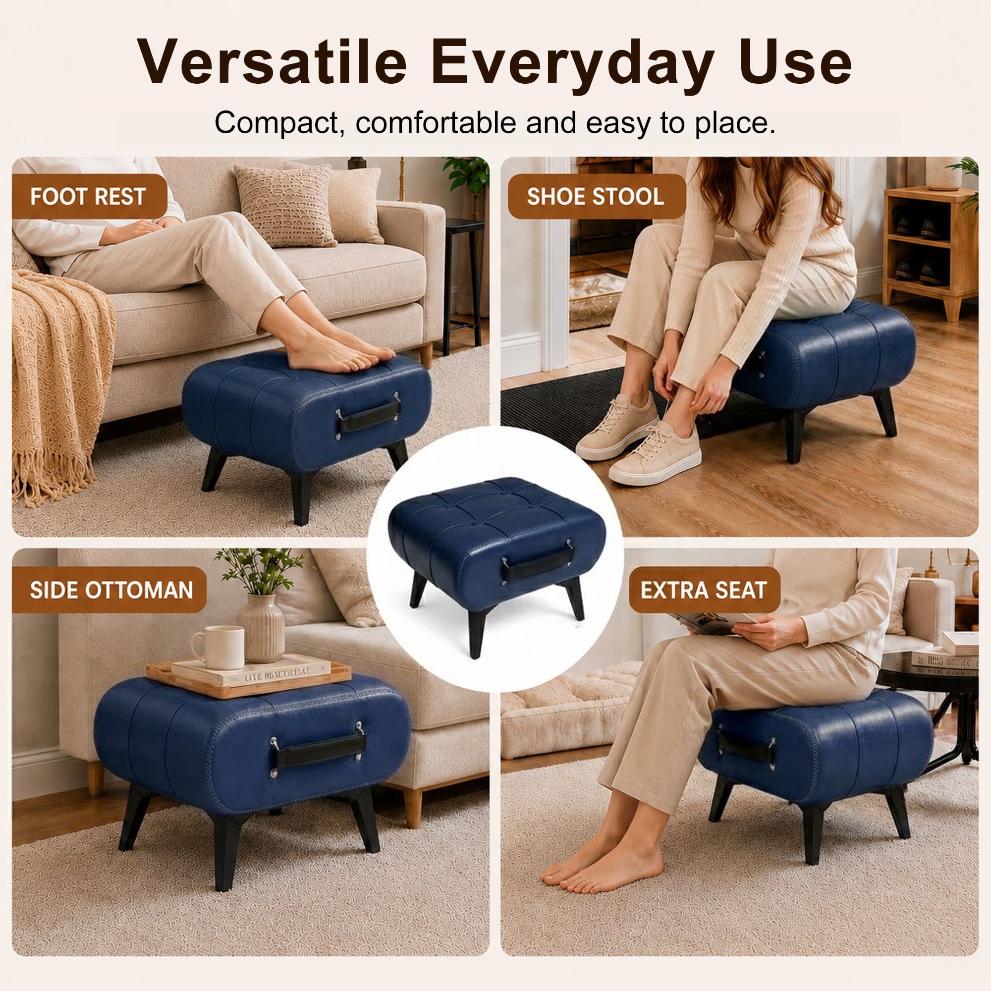 Leumius Leather Stool with Portable Handles and Metal Legs, Modern Minimalist Square Footrest with Hidden Storage Space for Living Room Blue