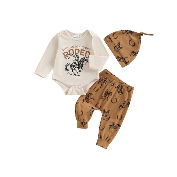 RUINIXCW Western Baby Boy Cowboy Outfit My First Rodeo Newborn Baby Boy Hospital Coming Home Clothes Infant Riding Print Long Sleeve Romper and Pants Hat Set