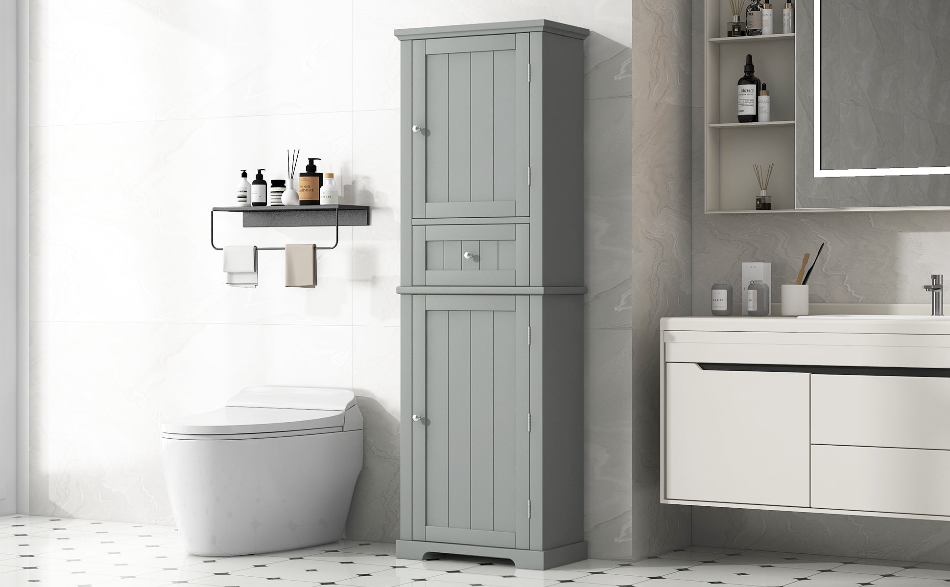 Euroco Tall Bathroom Storage Cabinet, Freestanding Storage Cabinet with Drawer and Adjustable Shelf, MDF Board with Painted Finish, Grey