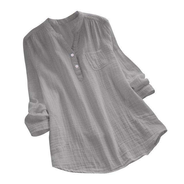 Timegard Long Sleeve Tops for Women Button V Neck Pullover Tops Casual Solid Color Tunic Blouses