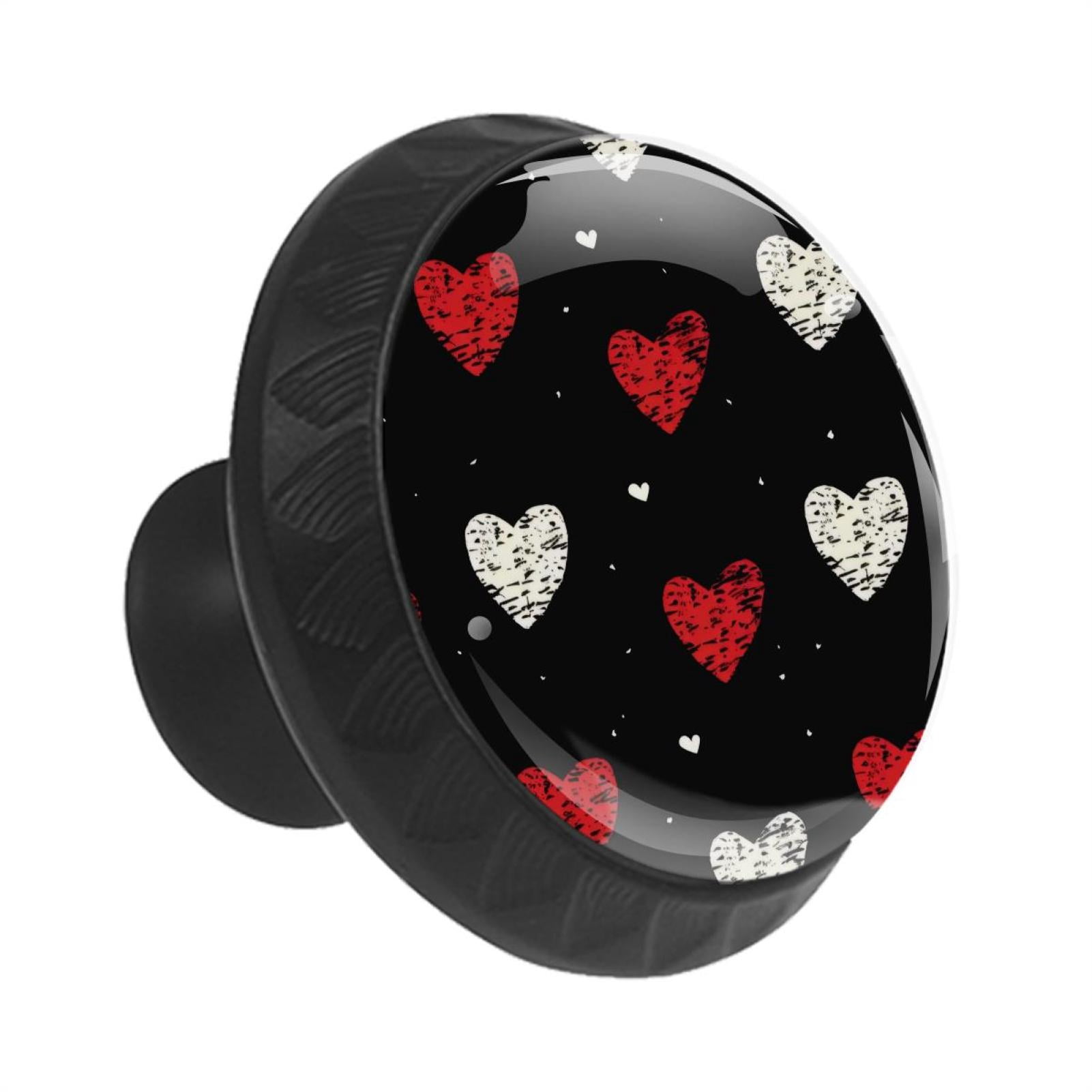 12 Pieces White and Red Hearts on Black Glass Knobs for Dresser Drawers, 1.37 x 1.10 IN Round Kitchen Cabinet Pulls For Home Office Nursery Kids Room
