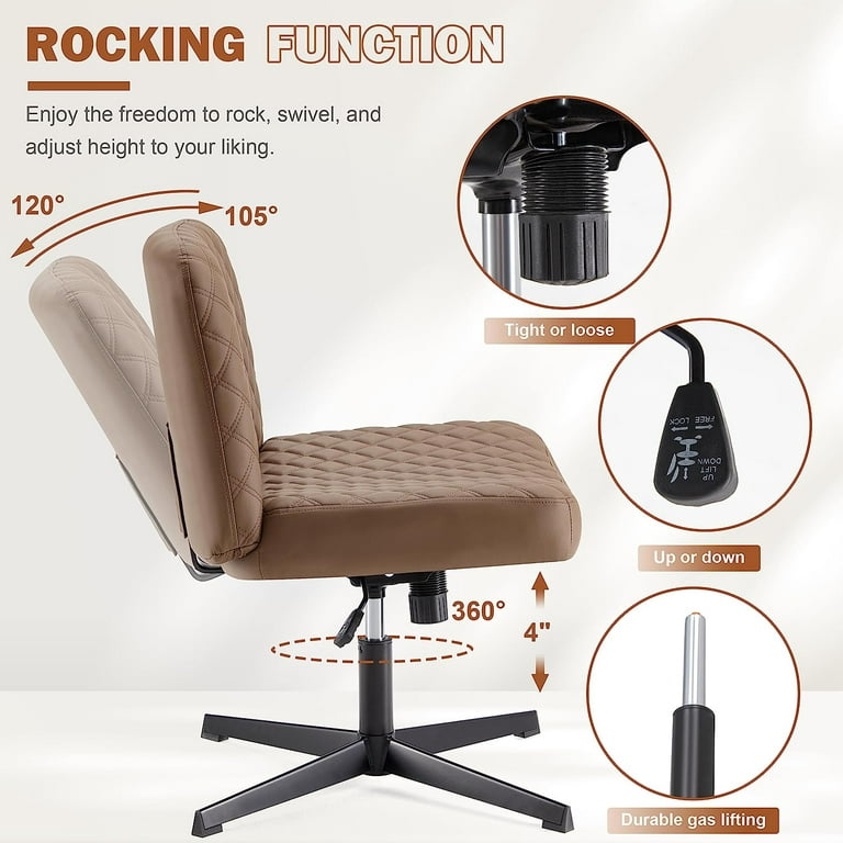 Armless PU Leather Office Desk Chair,Cross Legged Home Office Chair No  Wheels Heavy Duty Metal Base,120° Rocking Ergonomic PC Chair,Thicken Padded