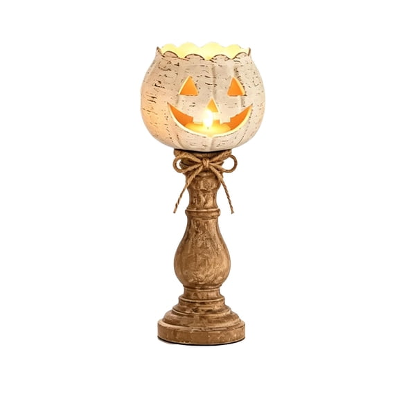 Halloween Lamp Indoor Tabletop Decorations, LED Lighted Wooden Pumpkin with Vintage Pedestal Stand and Rope Bow, 8.7 Inch Rustic Halloween Decor for Home Mantel Entryway
