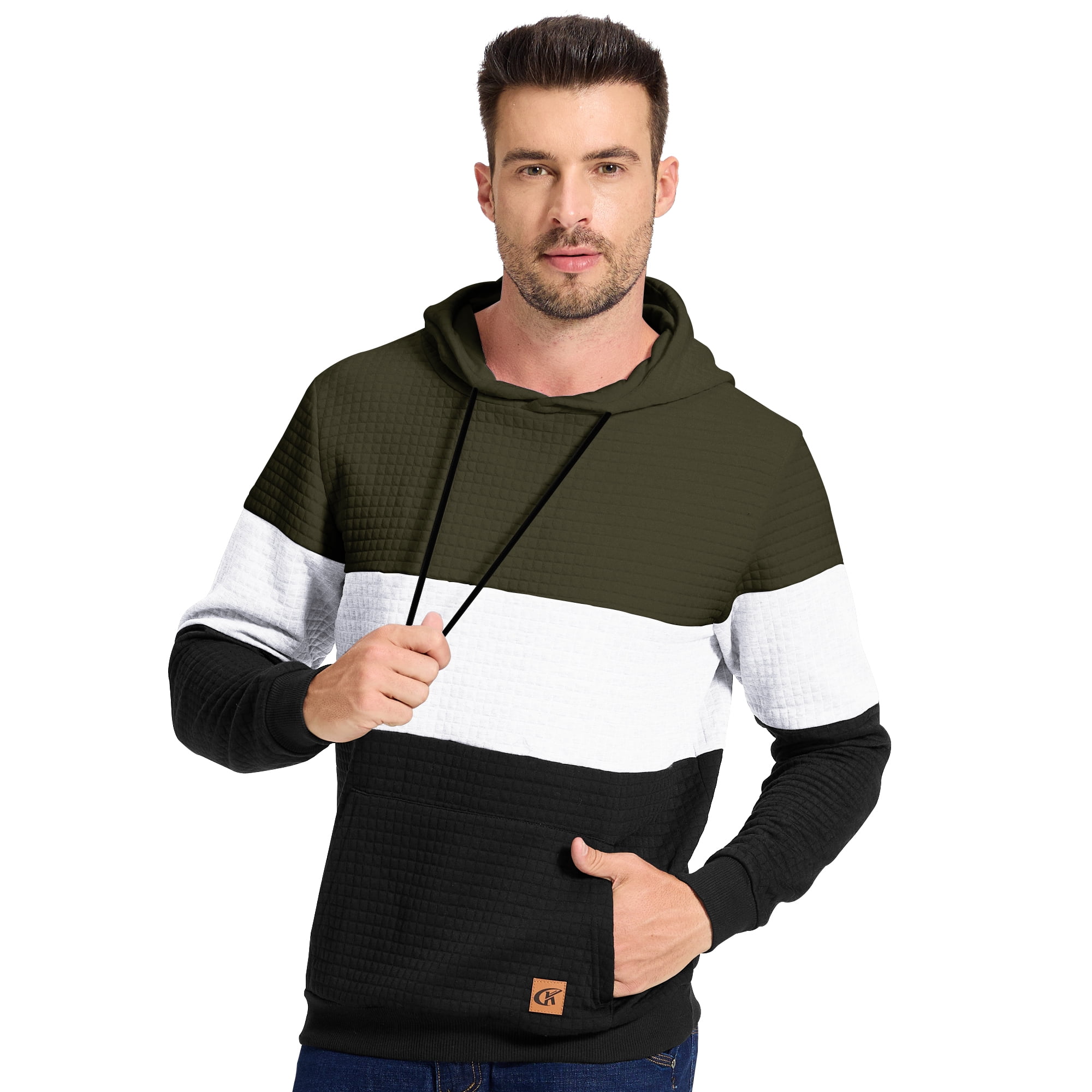 Satankud Men's Pullover Hoodies Plaid Jacquard Color Block Long Sleeve Casual Hooded Sweatshirts with Kanga Pockets Armygreen/White/Black 2XL