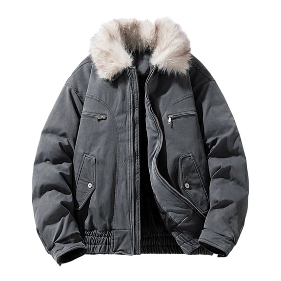 Admvng Winter Jackets for Men Faux Fur Collar Zipper Winter Coat Multiple Pockets Warm Mens Winter Jacket M-4XL