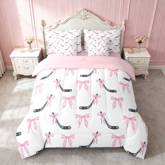 Erosebridal Pink Hockey Stick Bow Twin Bedding for Girls, Sporty Winter Ice Snow Bedding Comforter Set, Pink Reversible 7 Pieces