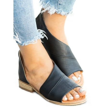 - Womens Peep Toe Low Heel Sandals Ladies Summer Slip On Shoes Size