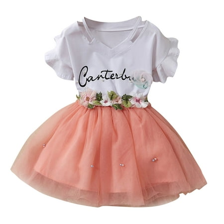 

Baby Clothes Set Short Sleeve Letter T-shirt Tops + Flower Tutu Tulle Skirt 2PCS Toddler Outfits