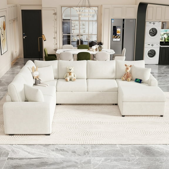 PAPROOS 6 Seat Sectional Chaise With a Storage Ottoman and 3 Pillows, 112.2" Sectional Sofa Pull-out Sofa Bed Sleeper with Charging Devices, U Shape Oversized Sectional Couch for Living Room, Cream