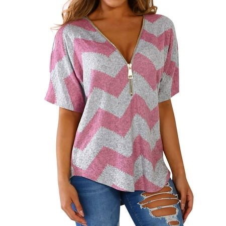 Neck Silk Blouse - 711ONLINESTORE Women Zipper V Neck Short Sleeve Color Block Blouse
