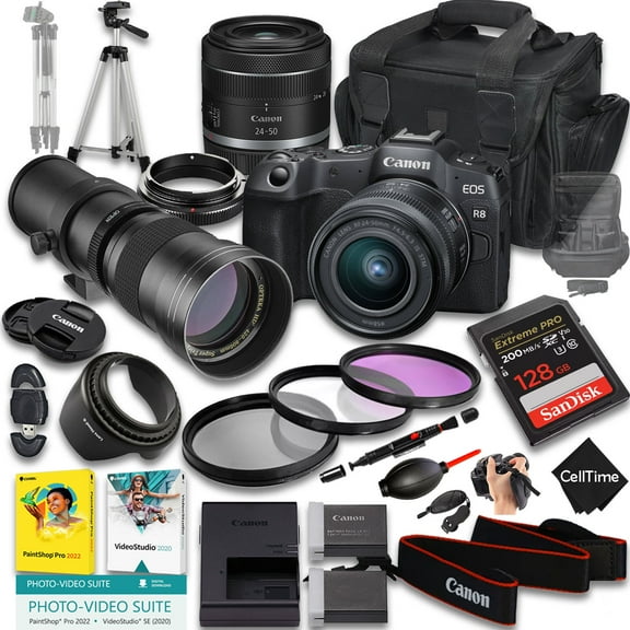 Canon EOS R8 Mirrorless Camera with RF 24-50mm f/4.5-6.3 IS STM And 420-800mm f/8 Manual Super HD Telephoto Lens   128 GB Memory   Extra Battery   Camera Case   More (22pc Bundle)