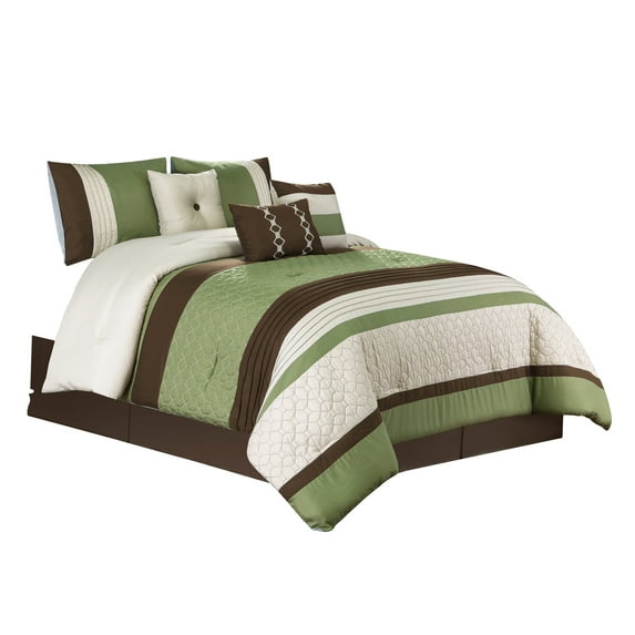 11-Piece Bailey Comforter Curtain Set Bedroom Bundle|Geometric Quilts Pleated Stripe|Green Brown Beige|Queen Size