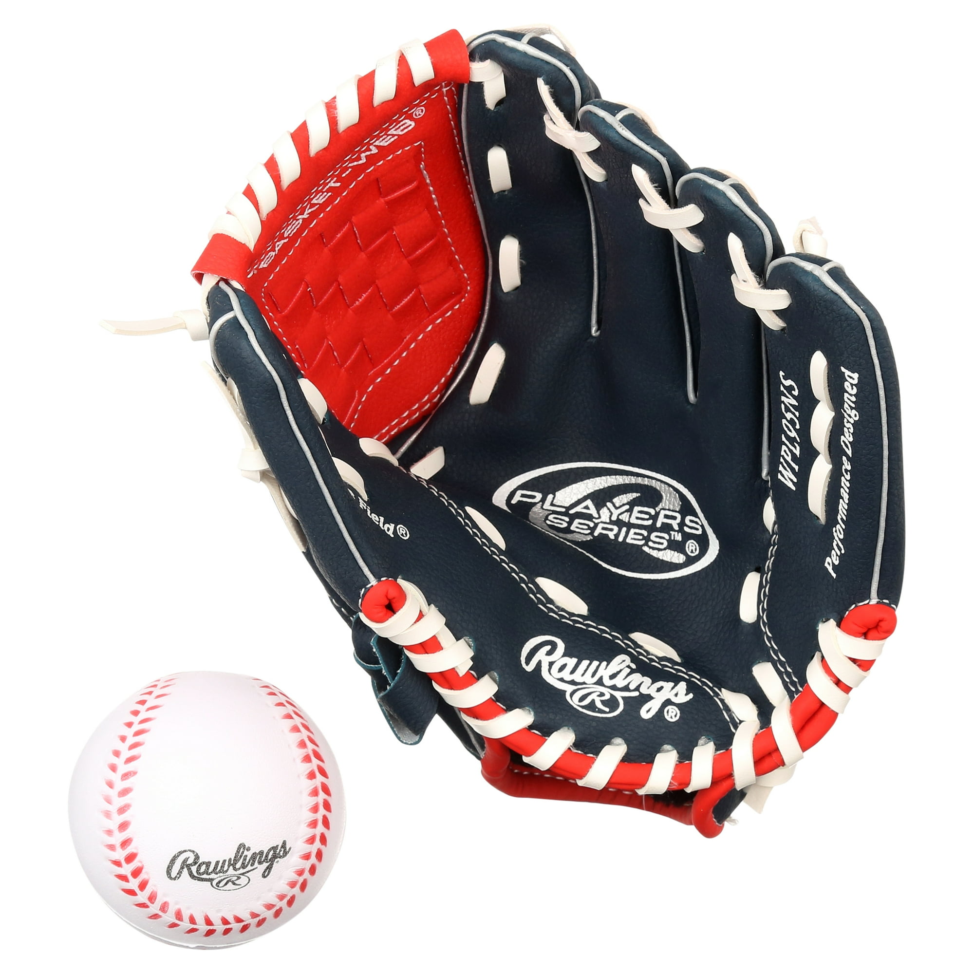 Rawlings Players Series Tee Ball Glove W/ Ball, 9.5 inch, Red/Navy, Right Hand Throw