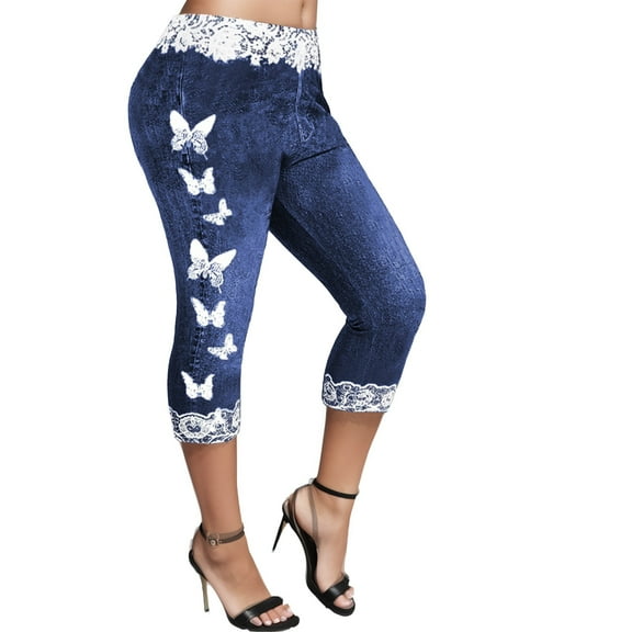 Shorts for Women Summer Butterfly Print Pencil Pants Elastic Waist Slim Pants Trousers Casual Jean Shorts S-2XL