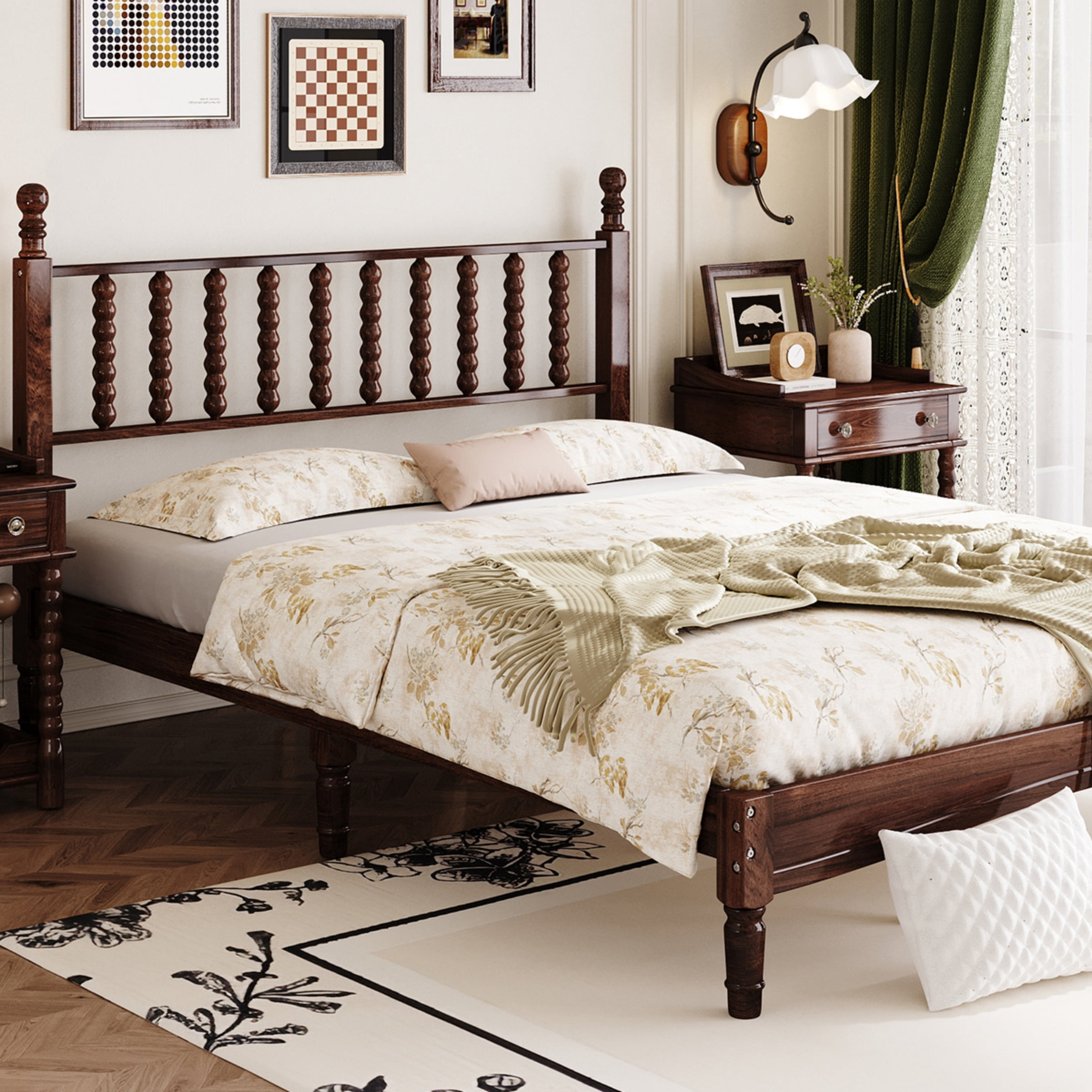Queen Bed Frame with Headboard,Retro Platform Bed Frame with Spindle Headboard,Solid Wood,for Bedroom,Easy Assembly,84.6"x63.3"x45",Walnut