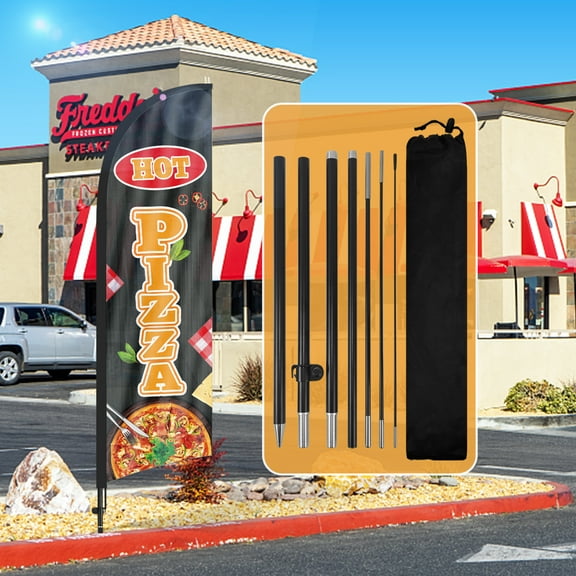 QSUM Pizza Themed Swooper Flag,8.2FT Pizza Advertising Feather Flag with Pole Kit, Ground Spike, Pizza Signs for Businesses and Storefronts(Black)