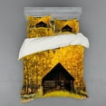 thumbnail image 2 of Autumn Duvet Cover Set, Abandoned Wooden Farmhouse in Fall with Aspen Trees Rural Pastoral Nature Scene, Bedding Set with Shams and Fitted Sheet, 3 Sizes, by Ambesonne, 2 of 3