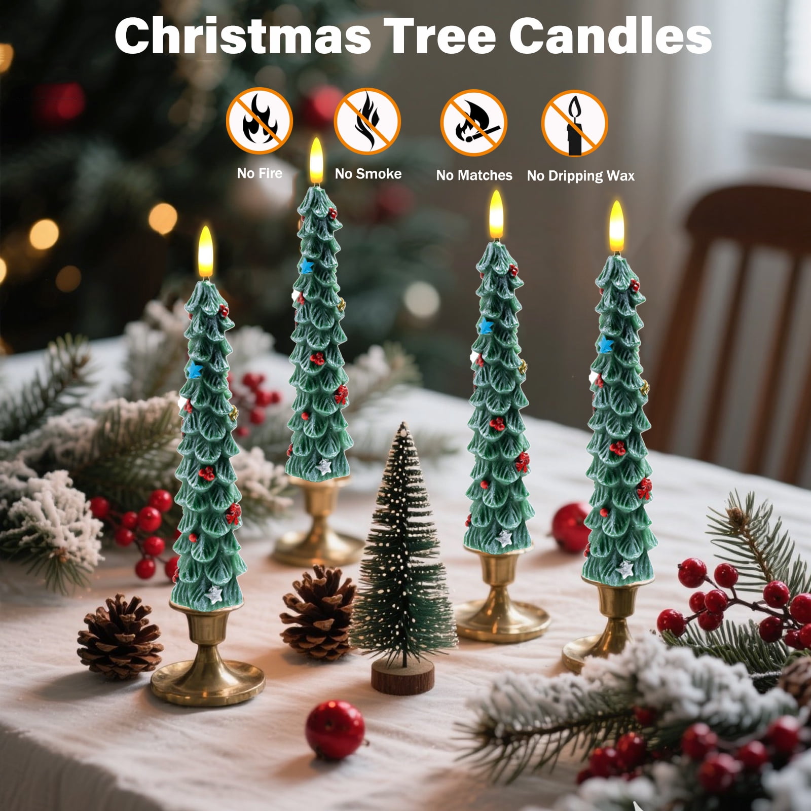 Christmas Tree Flameless Candles, 6PCs Flickering LED Taper Candles with Remote & Timer, Dimmable Electric Candlesticks Battery Operated, Real Wax Christmas Candles for Home Holiday Decor