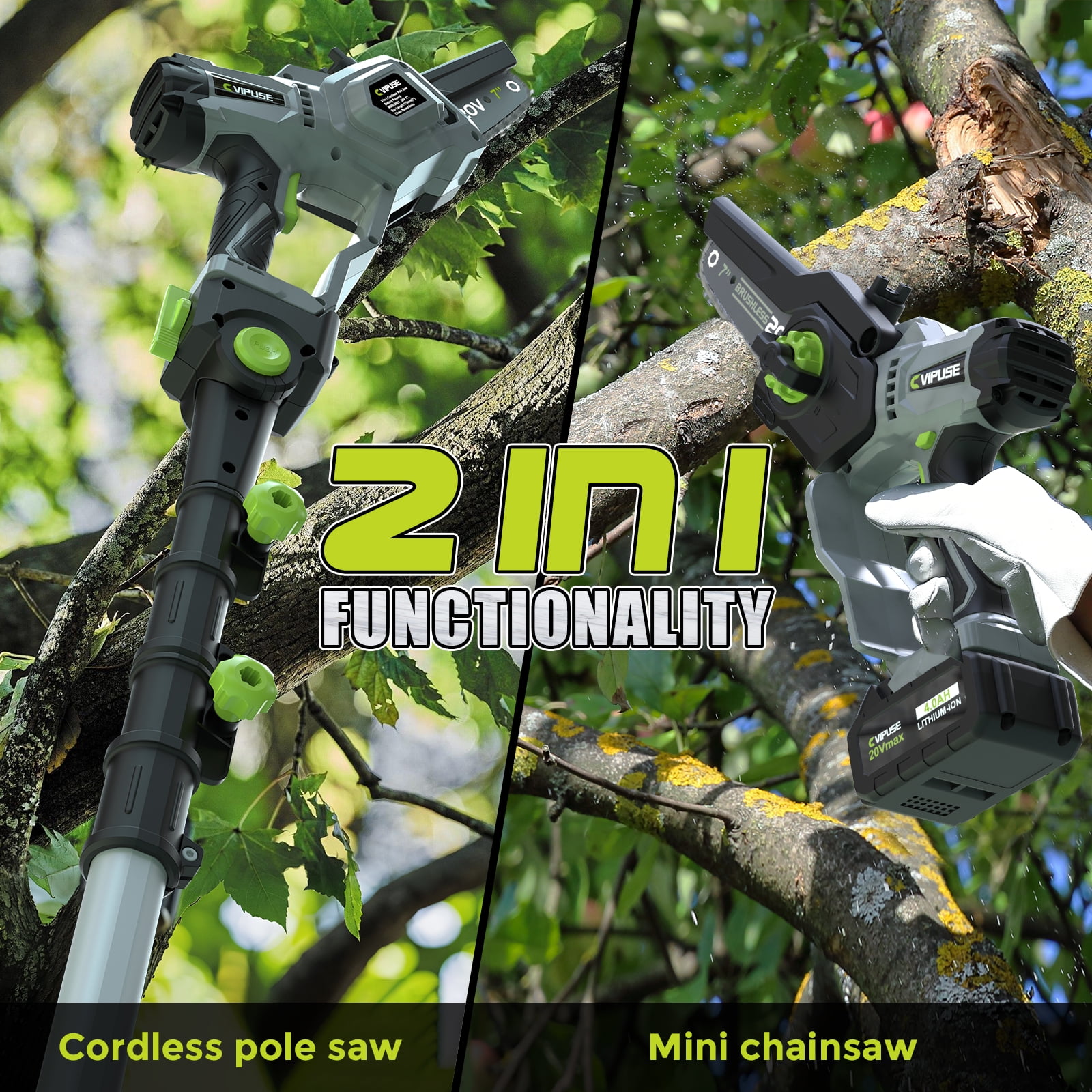 Vipuse 2-in-1 Cordless Pole Saw with Two 4.0Ah Rechargeable Batteries and 2.0Ah Fast Charger,16 FT Max Extension,7 Inch Mini Brushless Chainsaws for Tree Trimming